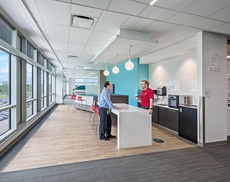 Employees gather in a break area