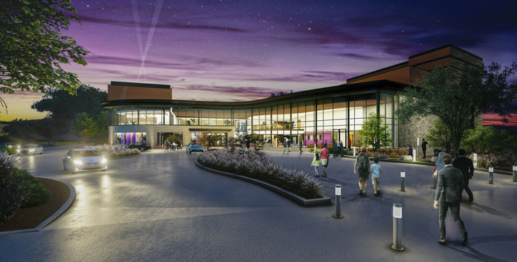An exterior rendering of the new Cincinnati Playhouse in the Park entrance during the evening