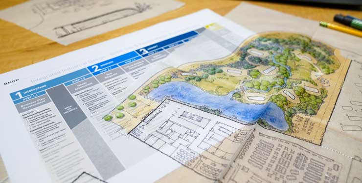 Site and Facility Master Planning documents laid out on a table