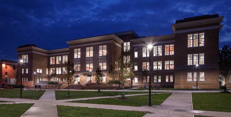 BGSU University Hall exterior at night