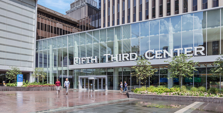 Exterior shot of Fifth Third Bank's new glass atrium