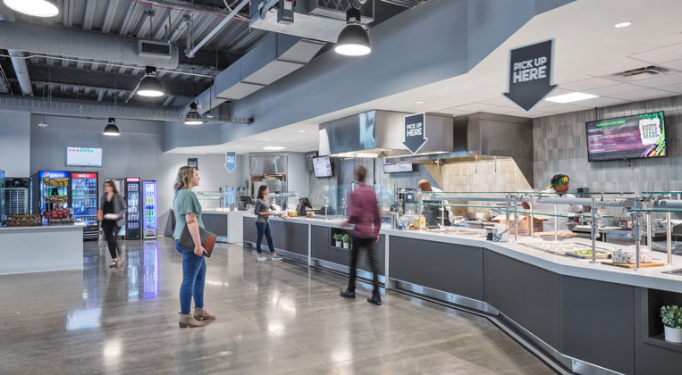 Employees grab lunch in the servery