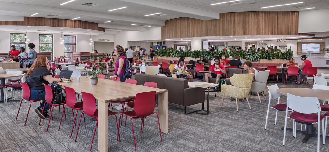 Students haning out in Otterbein University's Cardinal Nest dining area.