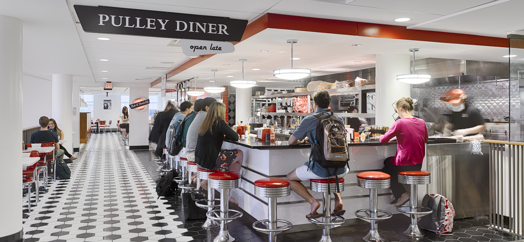 Students eating in the Pulley Diner inside Miami University's Armstrong Student Center.