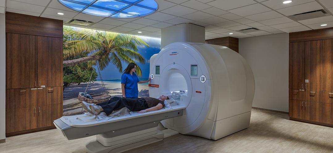 Image of an MRI room with welcoming and calming features