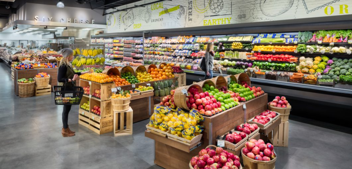 fruits and vegetables aisle at the grocery store