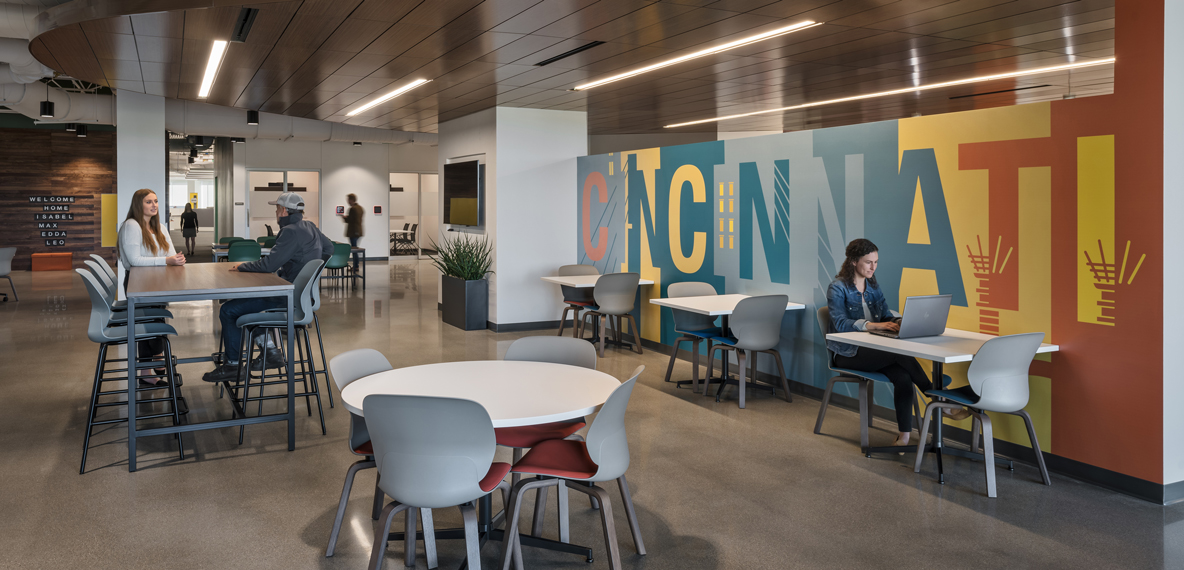 A graphic displaying "Cincinnati" is shown in the background of an employee common area