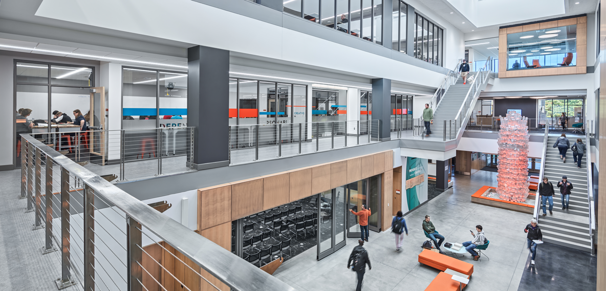 A three-story atrium, backlit-donor wall, and colorful wallcoverings set the tone for collaboration and community in Ohio Northern University’s James Lehr Kennedy Engineering Building.