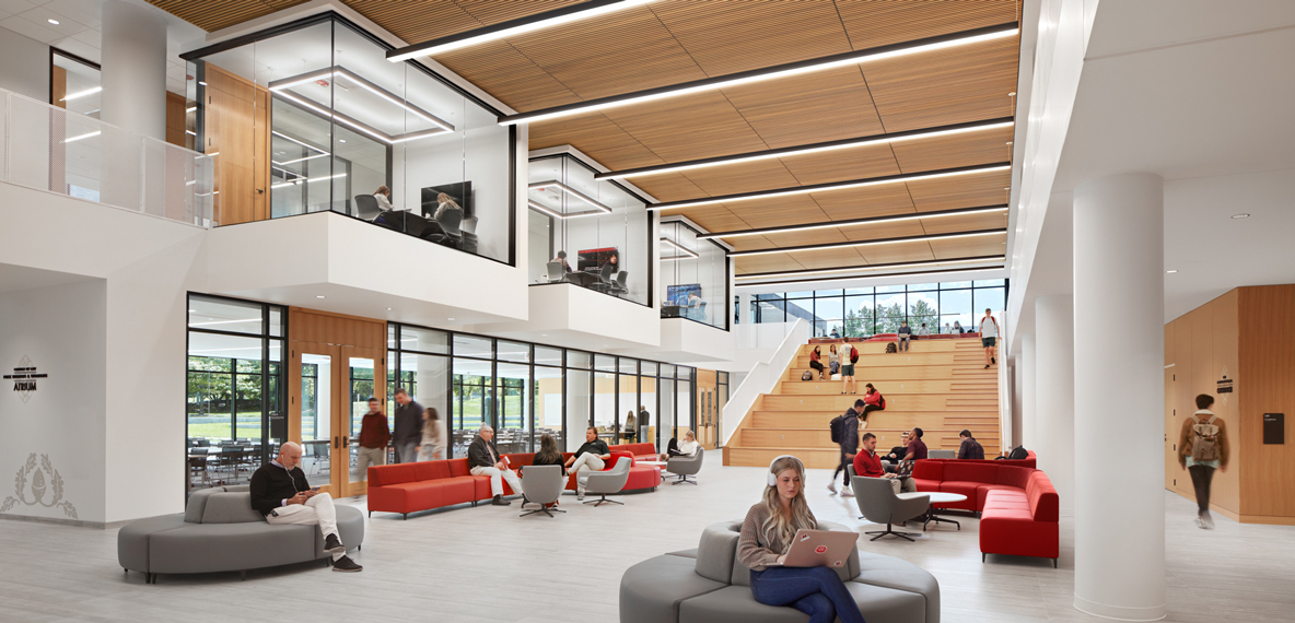 Students and faculty sitting in the University of Cincinnati College of Law atrium