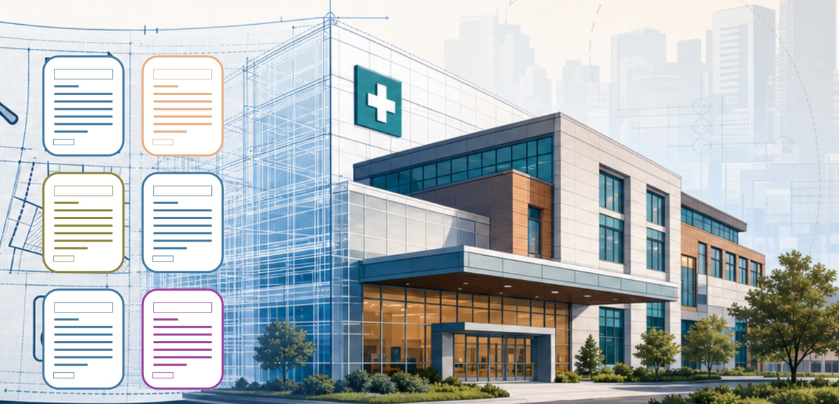 Here's the alt text: "Modern hospital building with a glass facade and a green cross symbol, overlaid with a wireframe grid and colorful document icons representing digital healthcare records.