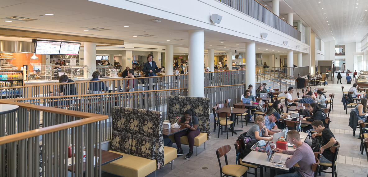 Students eating and hanging out in the Armstrong Student Center at Miami University.
