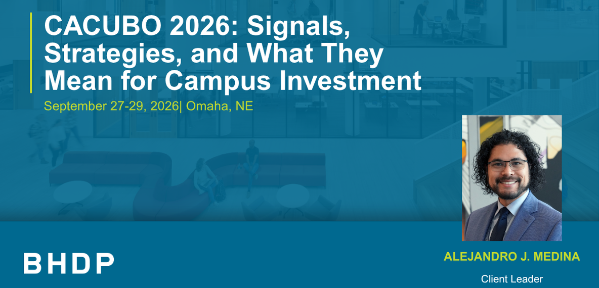 Graphic with interior of college building background, image of blog author, and conference information