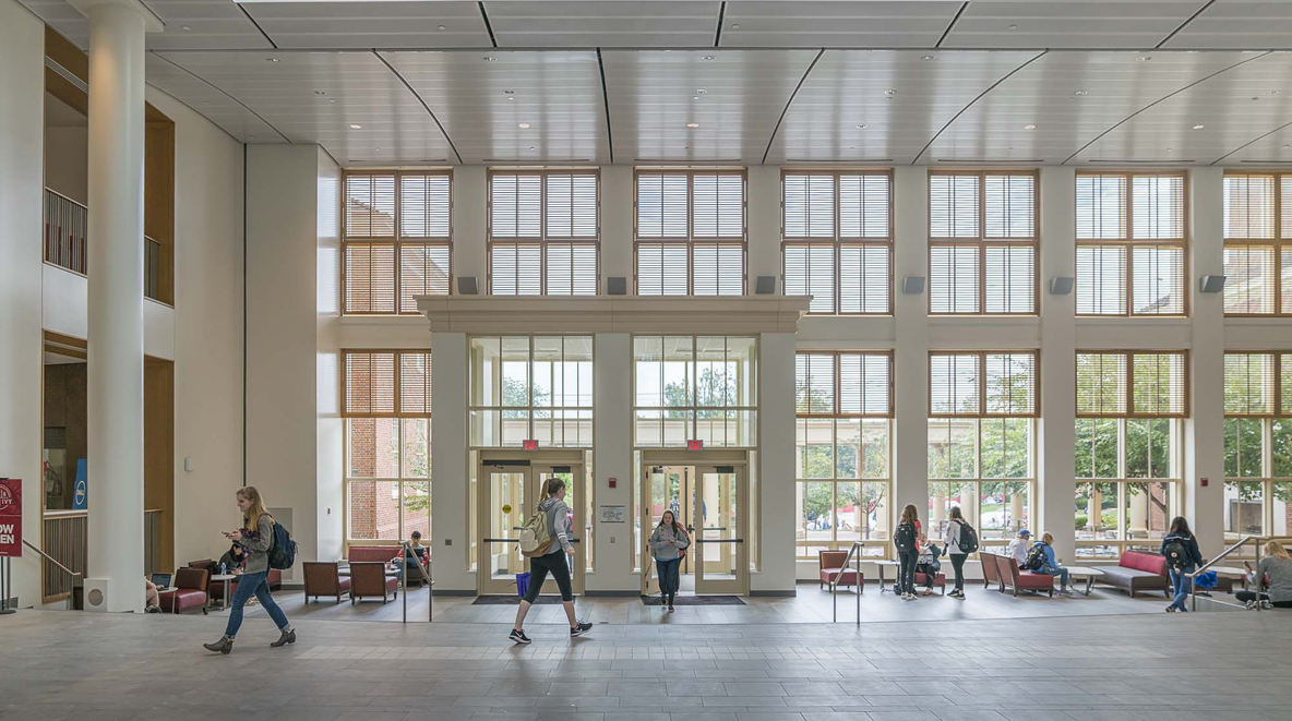 Two floors of windows at the Armstrong Student Center East Wing entrance