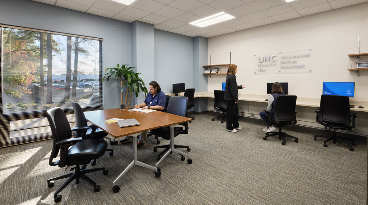 People working at the UNC Health Rex Hospital Environmental Services Department (EVS) Suite