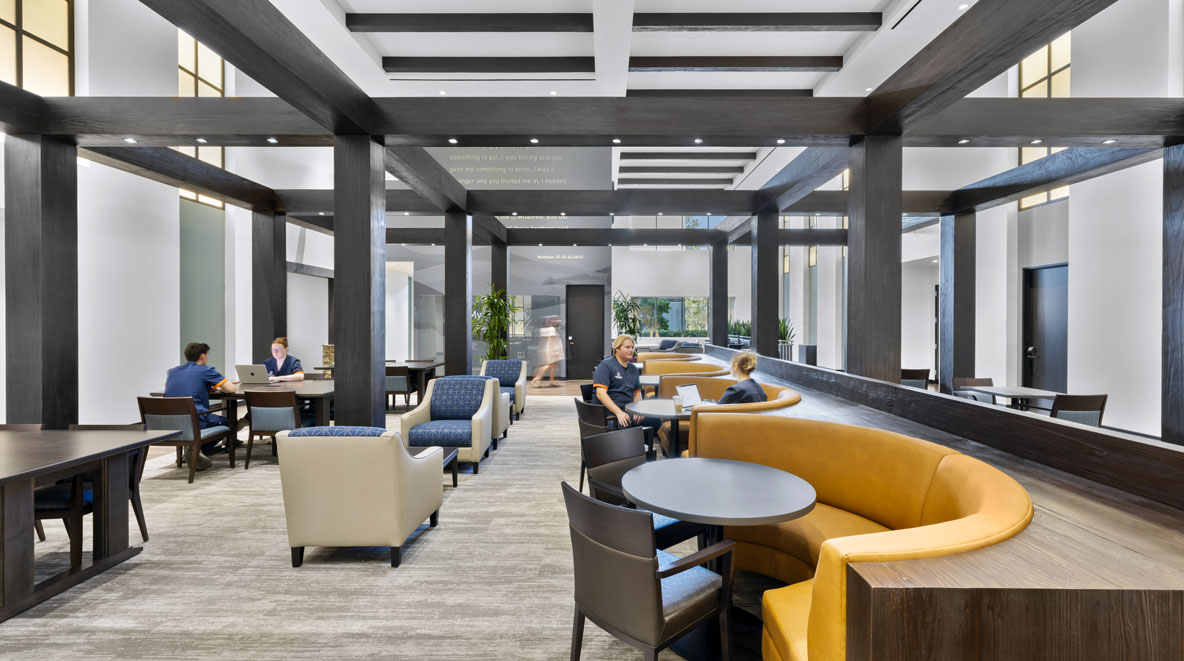 Students studying in the common area of Pepperdine University's College of Health Sciences