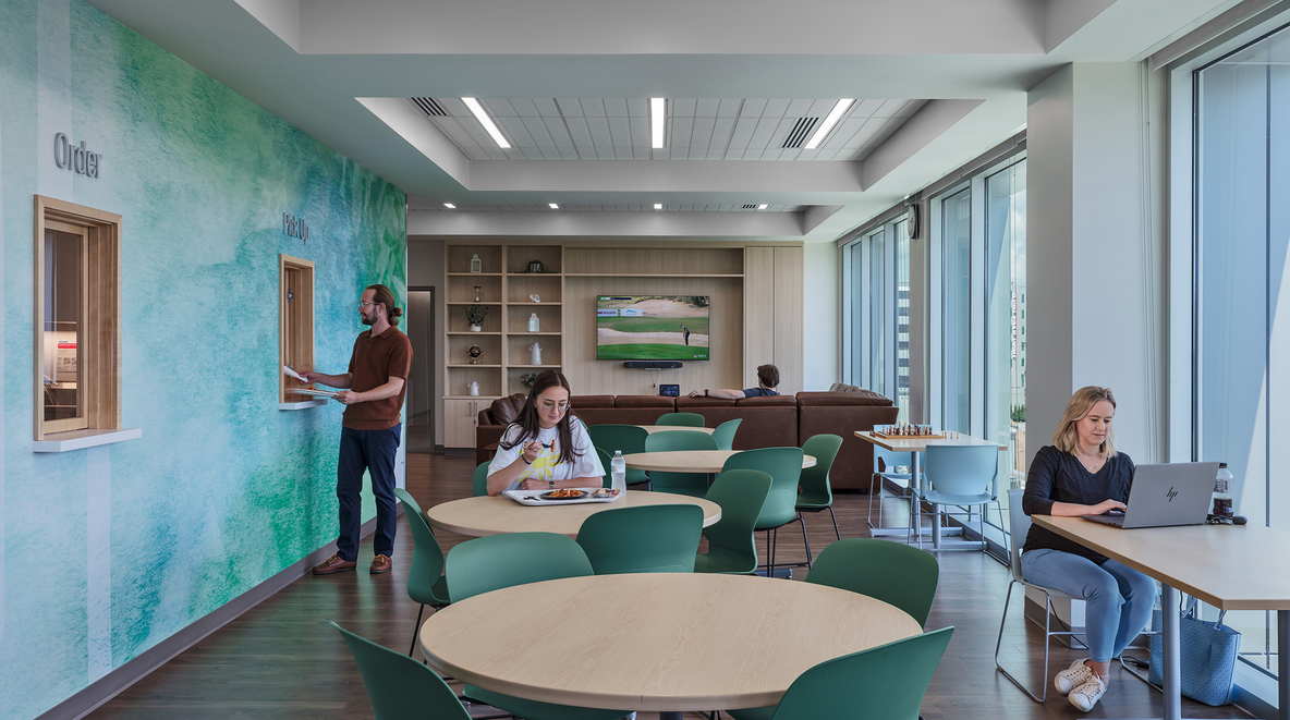 image of a break/kitchen space with order and pickup stations
