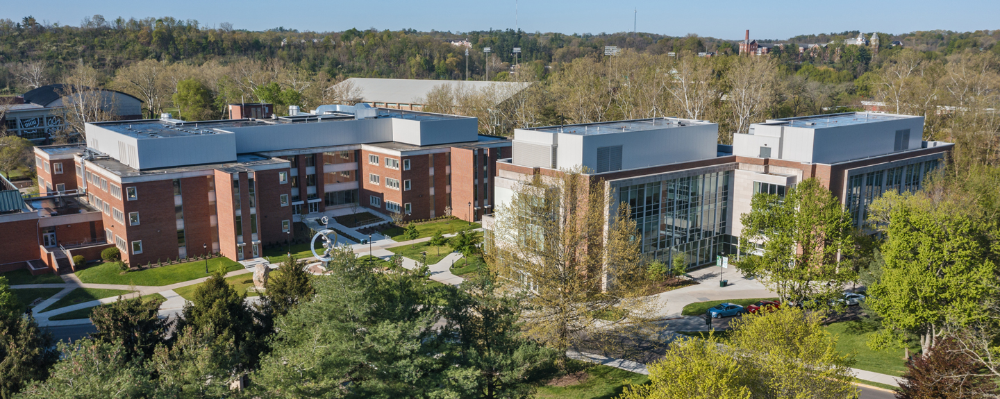 A drone photo showcases the new chemistry building and the existing Clippinger Laboratories building