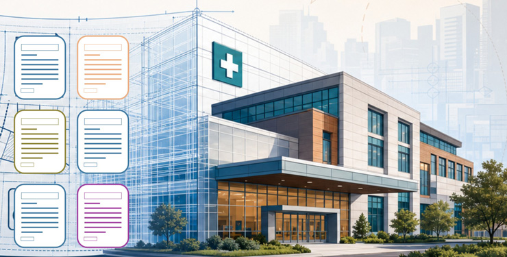 Modern hospital building with a glass facade and a green cross symbol, overlaid with a wireframe grid and colorful document icons representing digital healthcare records.