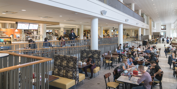 Students eating and hanging out in the Armstrong Student Center at Miami University.