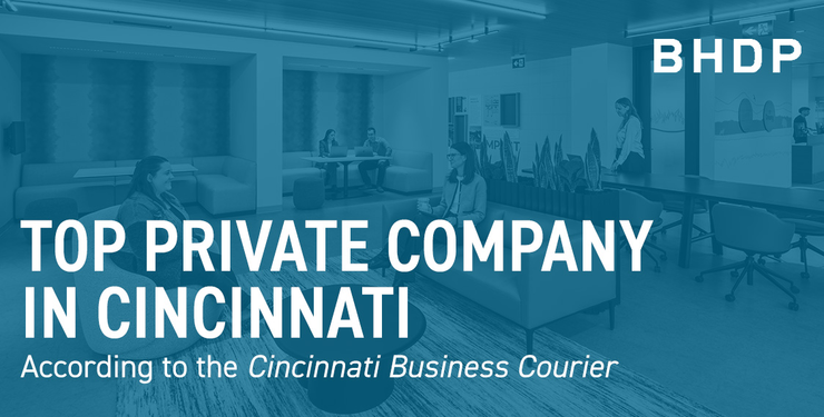 Banner graphic with office background announcing BHDP as Top Private Company in Cincinnati