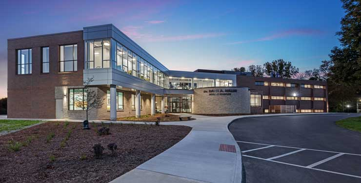 Grace College Dane A. Miller Science Complex exterior view at dusk