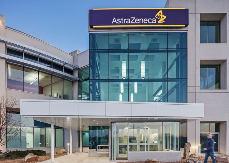 Straight on, exterior view of AstraZeneca's new lobby