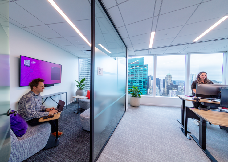 split photo of private meeting room and communal working space 