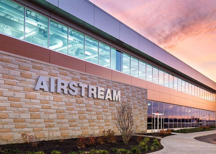 Airstream's metal logo on the building