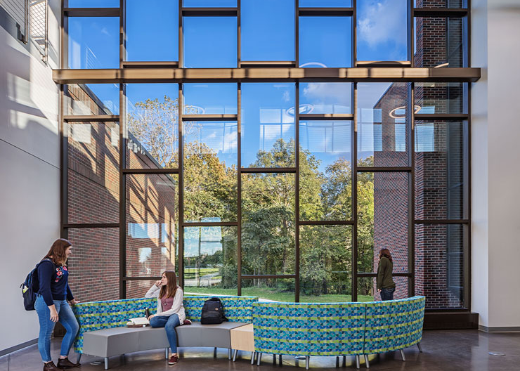 Natural light from the floor-to-ceiling windows fill the facility