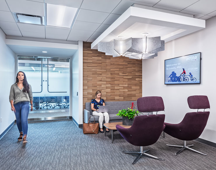 View of small workstation within Aetna's newly renovated office