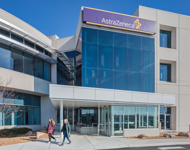 Angled, exterior view of AstraZeneca's new lobby entrance