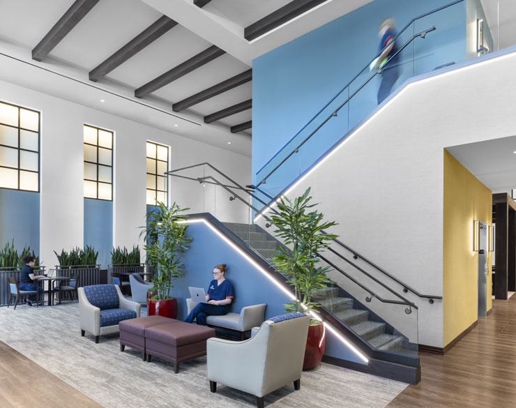 Students sitting in the lobby of Pepperdine University's College of Health Sciences