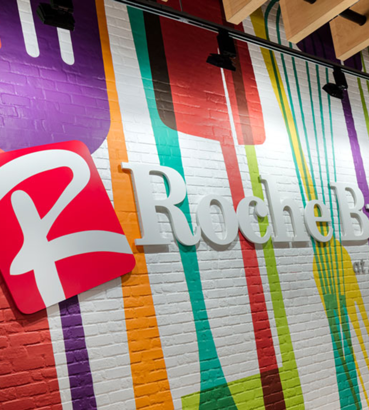 Experiential Graphic Design in the elevator hallway of Roche Bros. Arsenal Yards
