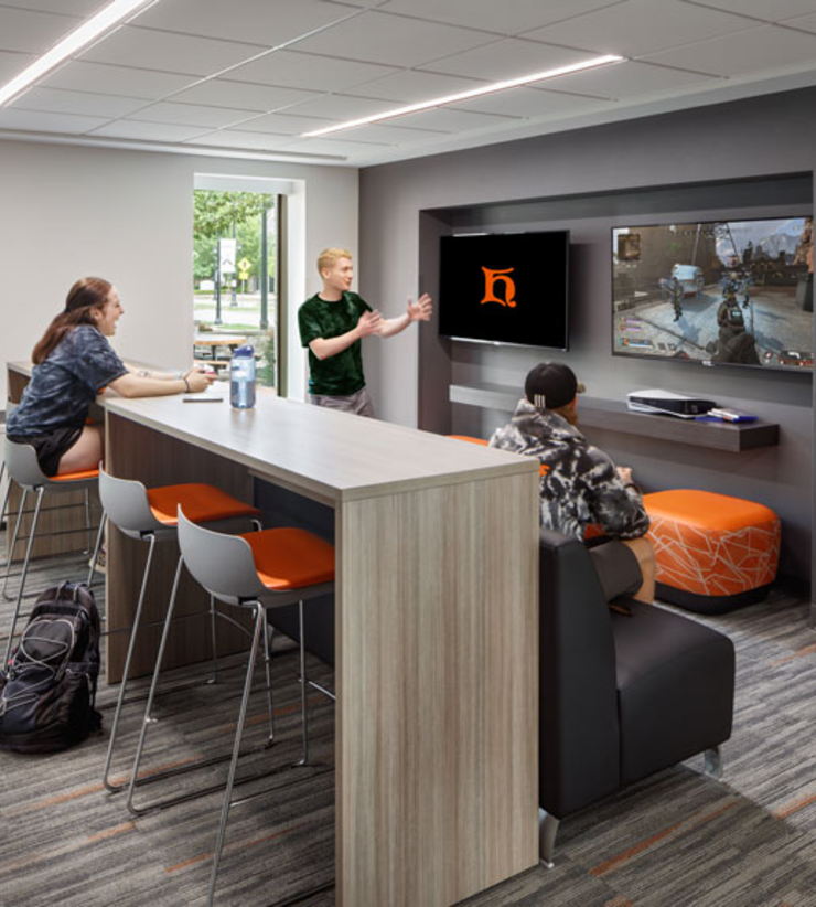 Students using the gaming area within Miller Hall at Heidelberg University