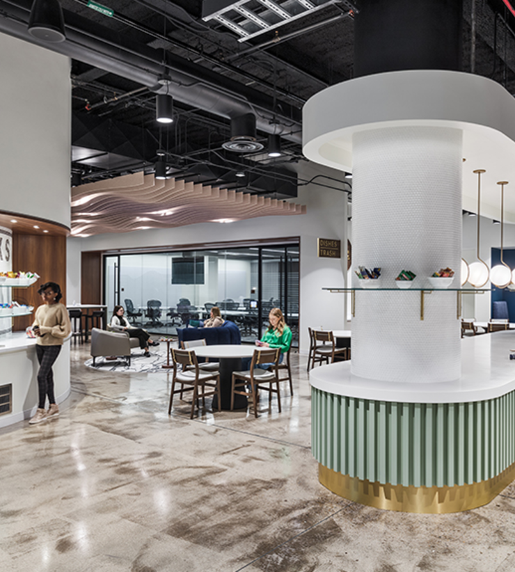 The cafe and dining feature a snack and a drink bar and plenty of seating for P&G employees.