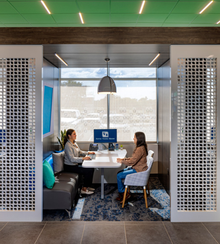 Customer and client using the private banking areas at Fifth Third Bank in Milford, OH.