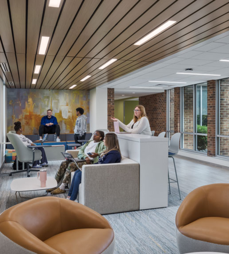 Students working in an open collaboration space in Penn State Beaver's General Classroom building