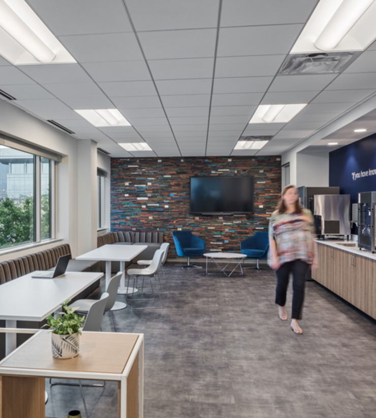 An employee walks out of the break area 