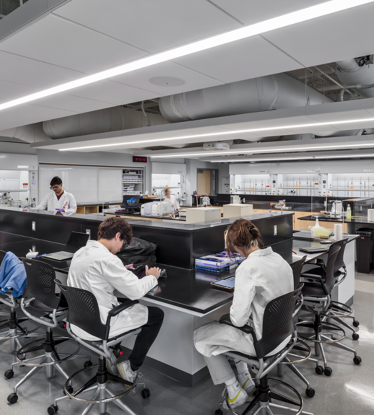 Students gather around central lab workbenches