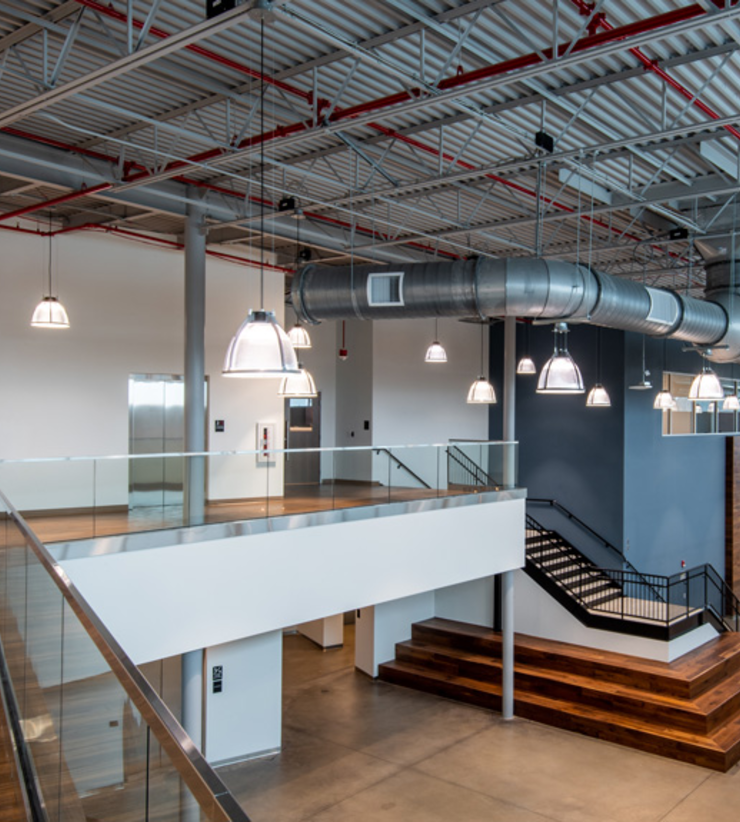 A grand stair inside Airstream allows employees to get to the second floor