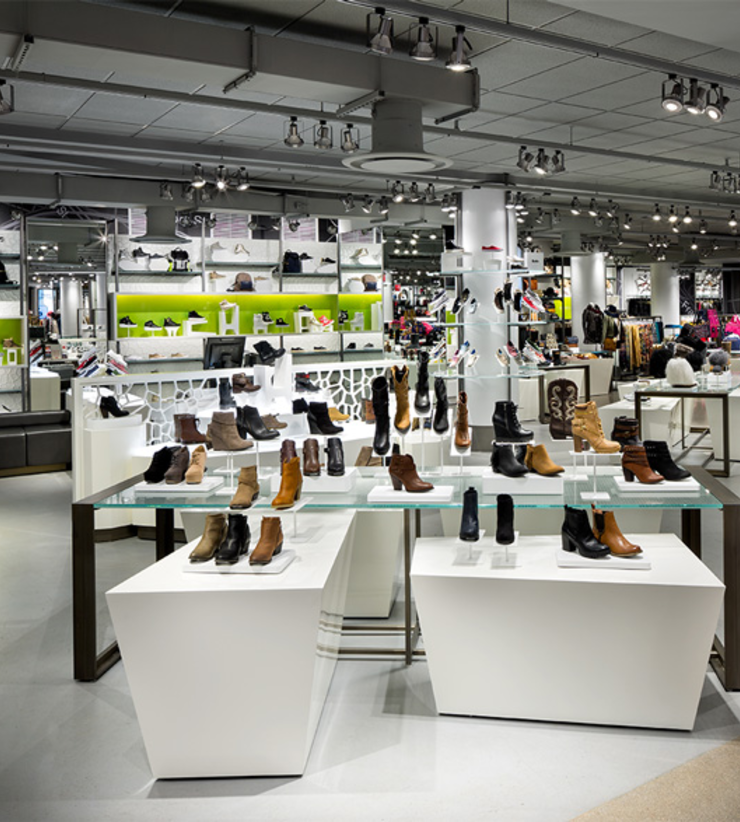 A shoe display with hints of green accents