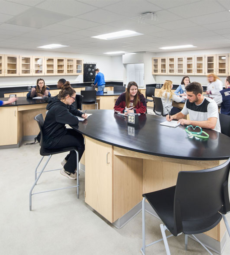 Students gather at oval-shaped lab tables