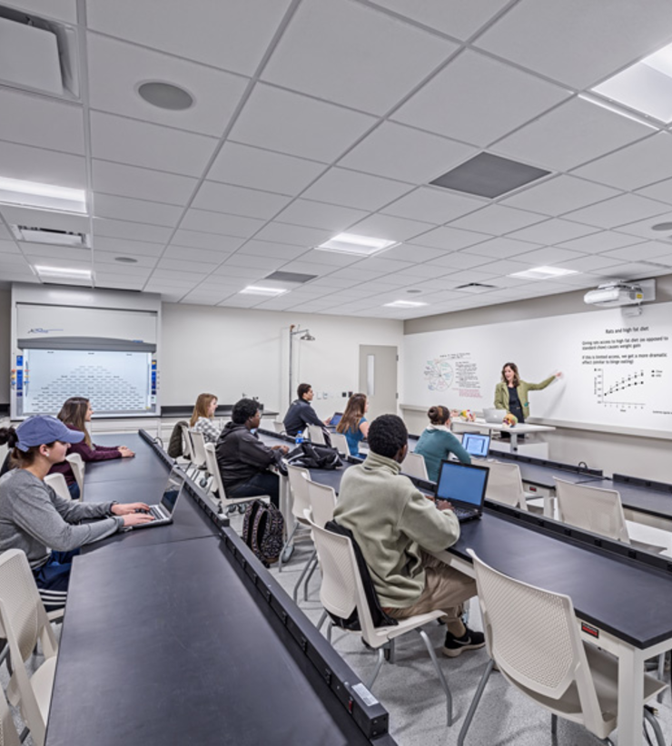 In a classroom, students look toward the front of the class at their teacher