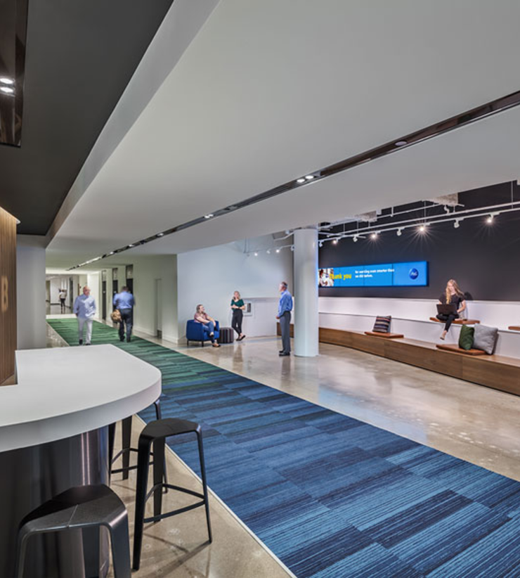 Employees hang out in the promotions space