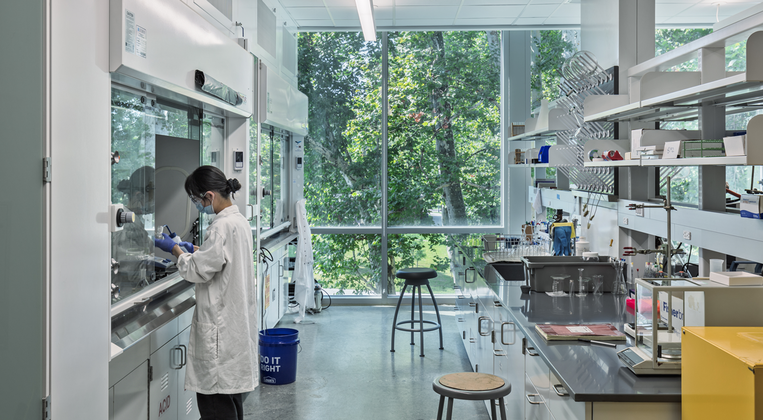 A lab worker in Clippinger Lab at Ohio University 