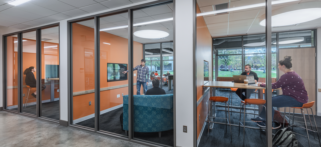 Study rooms at the Ohio Northern University James Lehr Kennedy Engineering Building offer a more intimate environment for students to collaborate or complete work together.