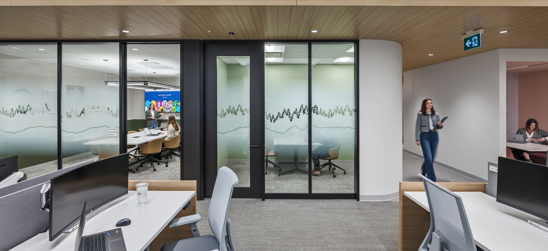 A large conference room has privacy vinyl with trees on it