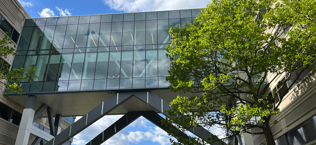 Glass skybridge connecting two Safelite buildings