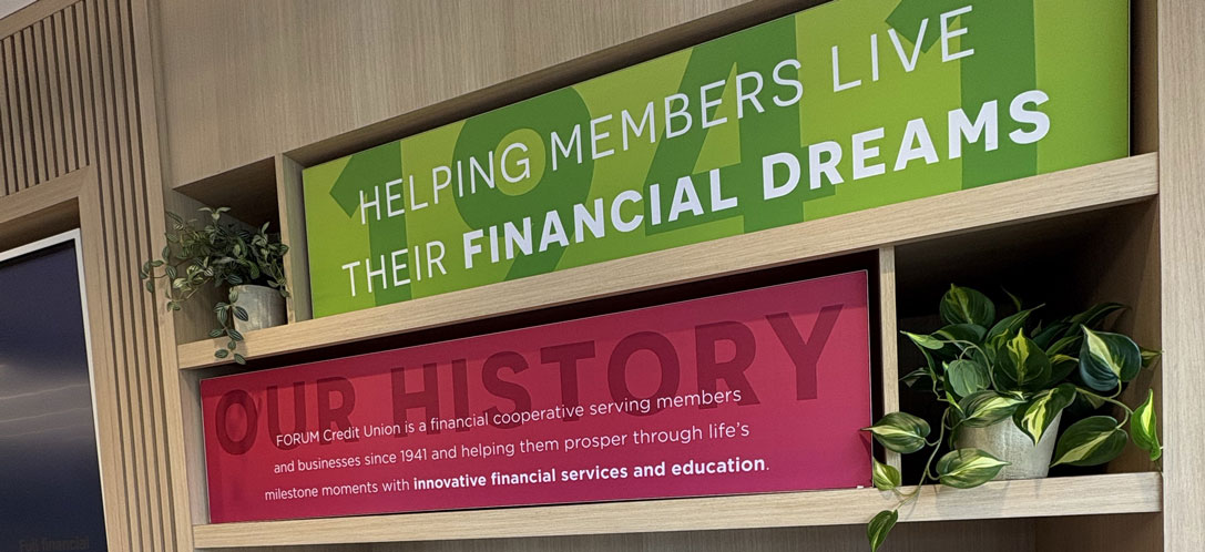 Experiential graphics welcome customers into the lobby.