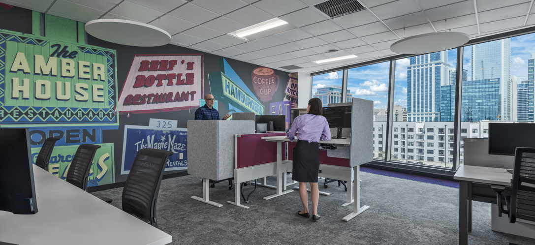WTW’s Charlotte office, on the sixth floor of the Vantage Building’s East Tower, includes collaboration areas, huddle rooms, and space for focus work – plus a prime view of downtown Charlotte. 